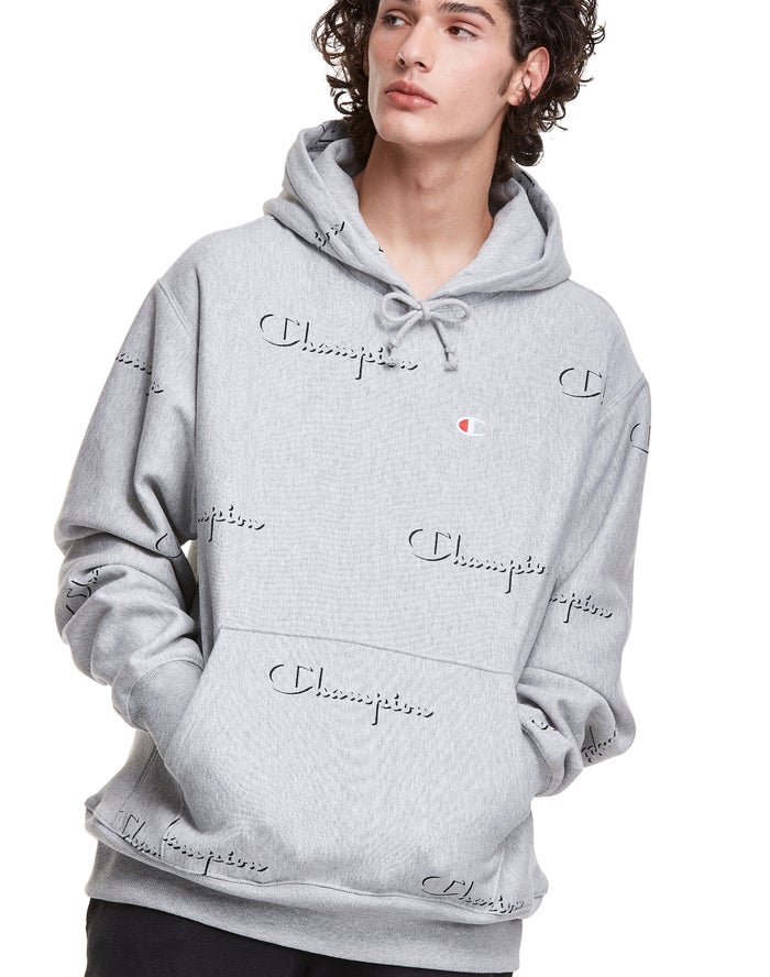 Champion Reverse Weave All Over Print Erkek Kapşonlu Sweatshirt Gri ( DGKYQC054 )